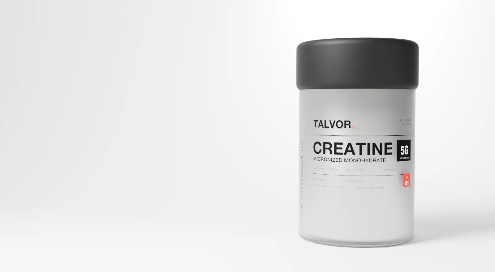 A frosted glass TALVOR Creatine jar with a matte black lid on a pale grey studio sweep (3D render)