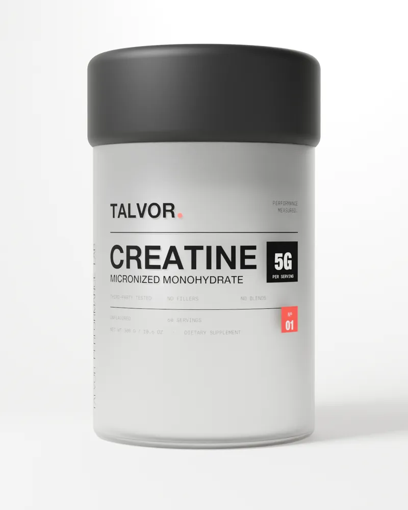 TALVOR Creatine, frosted glass jar with a black lid (3D render)