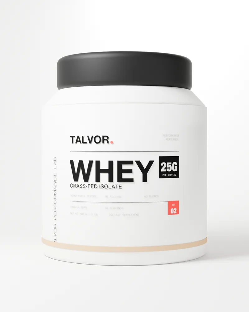 TALVOR Whey Isolate tub with a black lid (3D render)